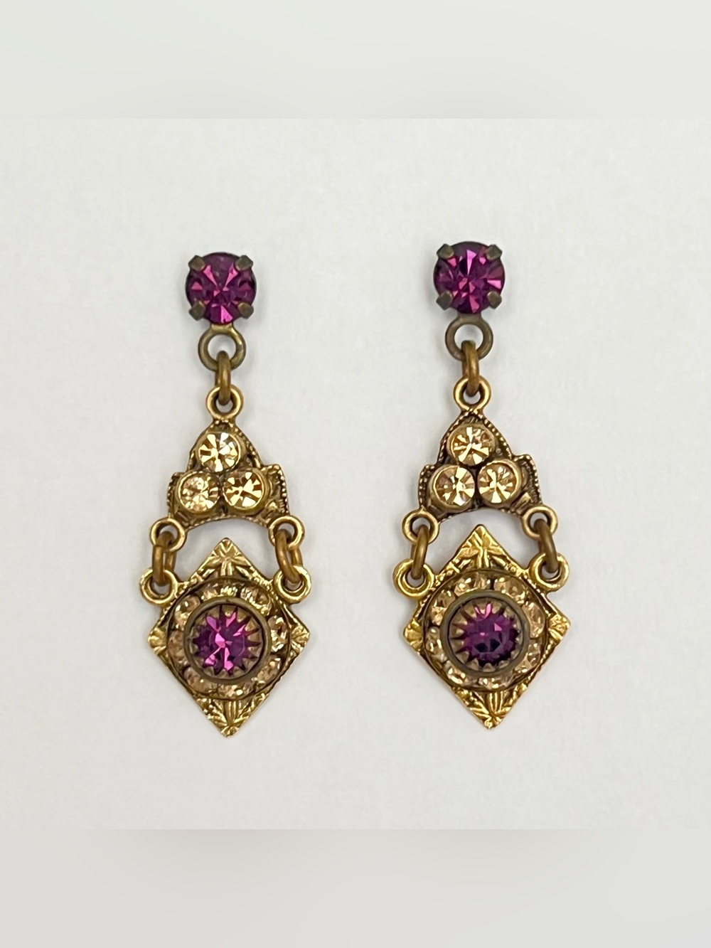 Vintage Purple Rhinestone Dangle Earrings Gold Tone Ornate Filigree Dainty